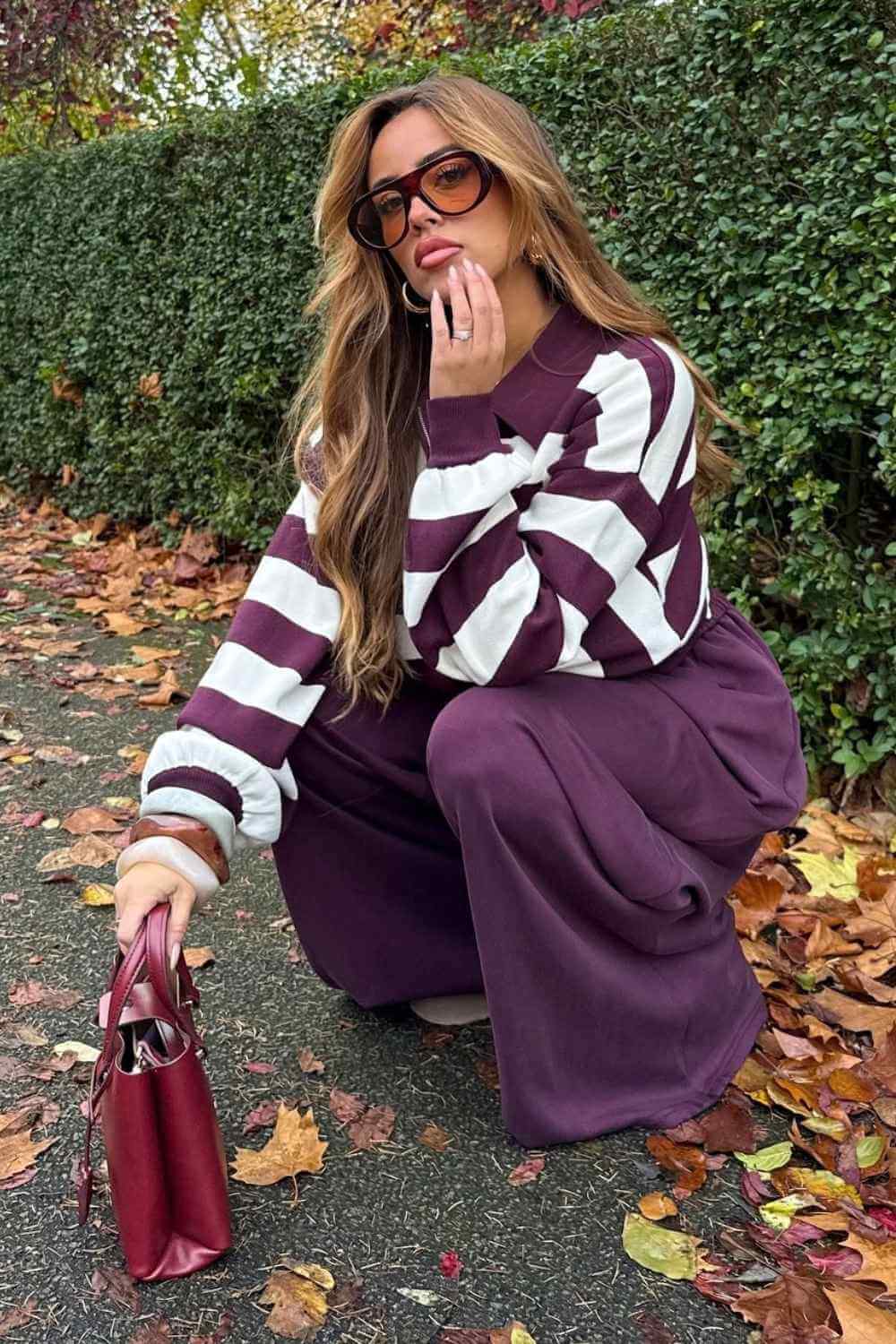 purple striped rugby sweater with matching sweatpants