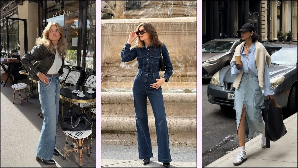 a collage of three denim fall outfit pictures