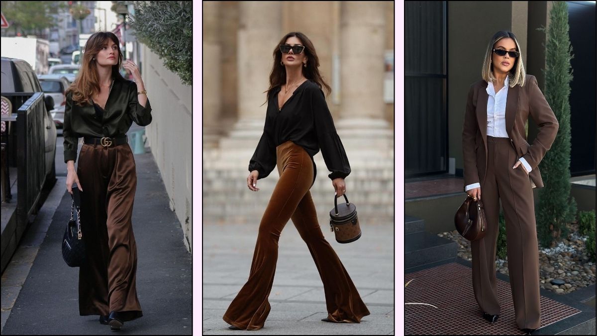 a collage of three brown pants aesthetic outfits