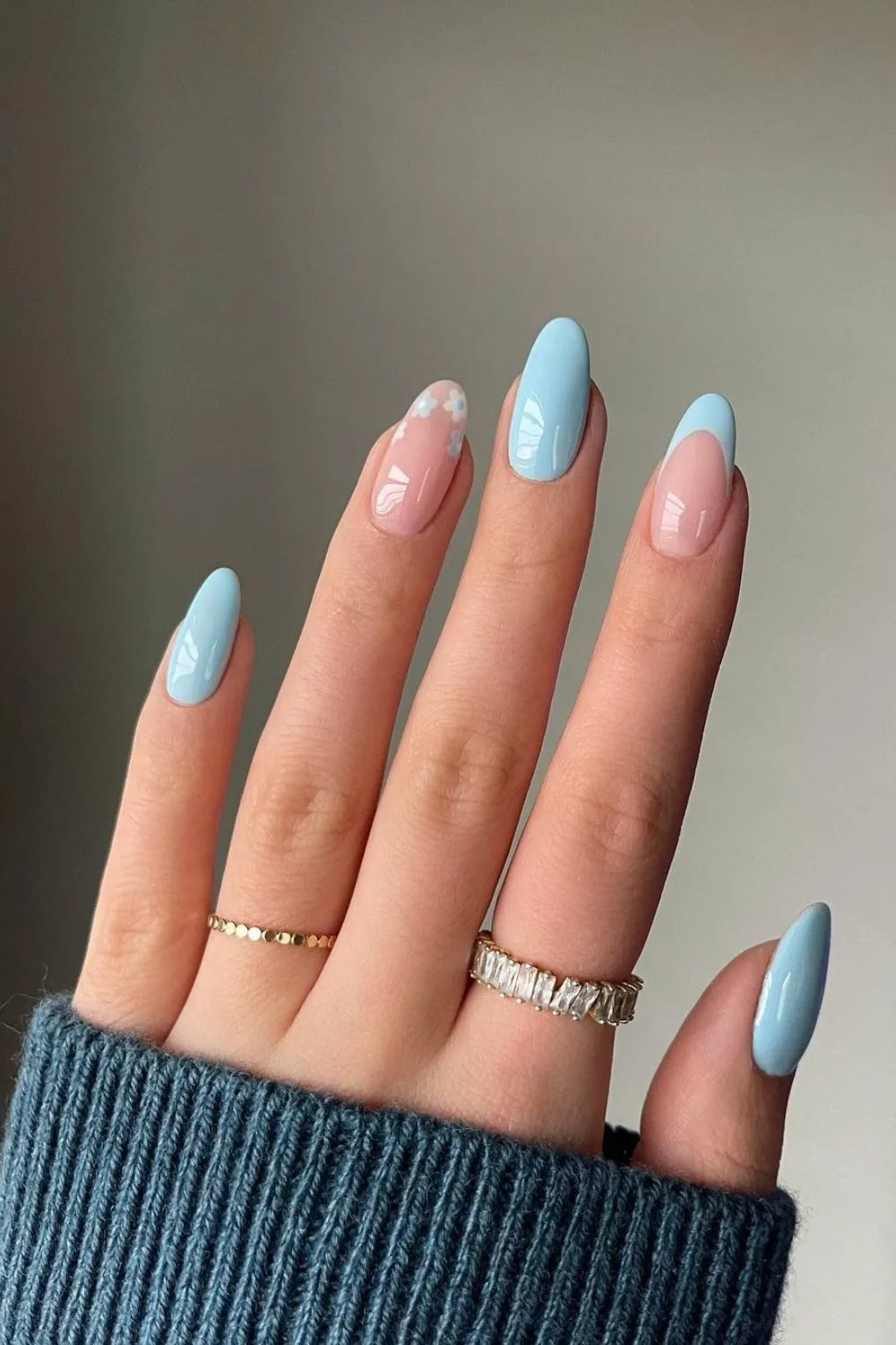 Baby blue nails with subtle florals