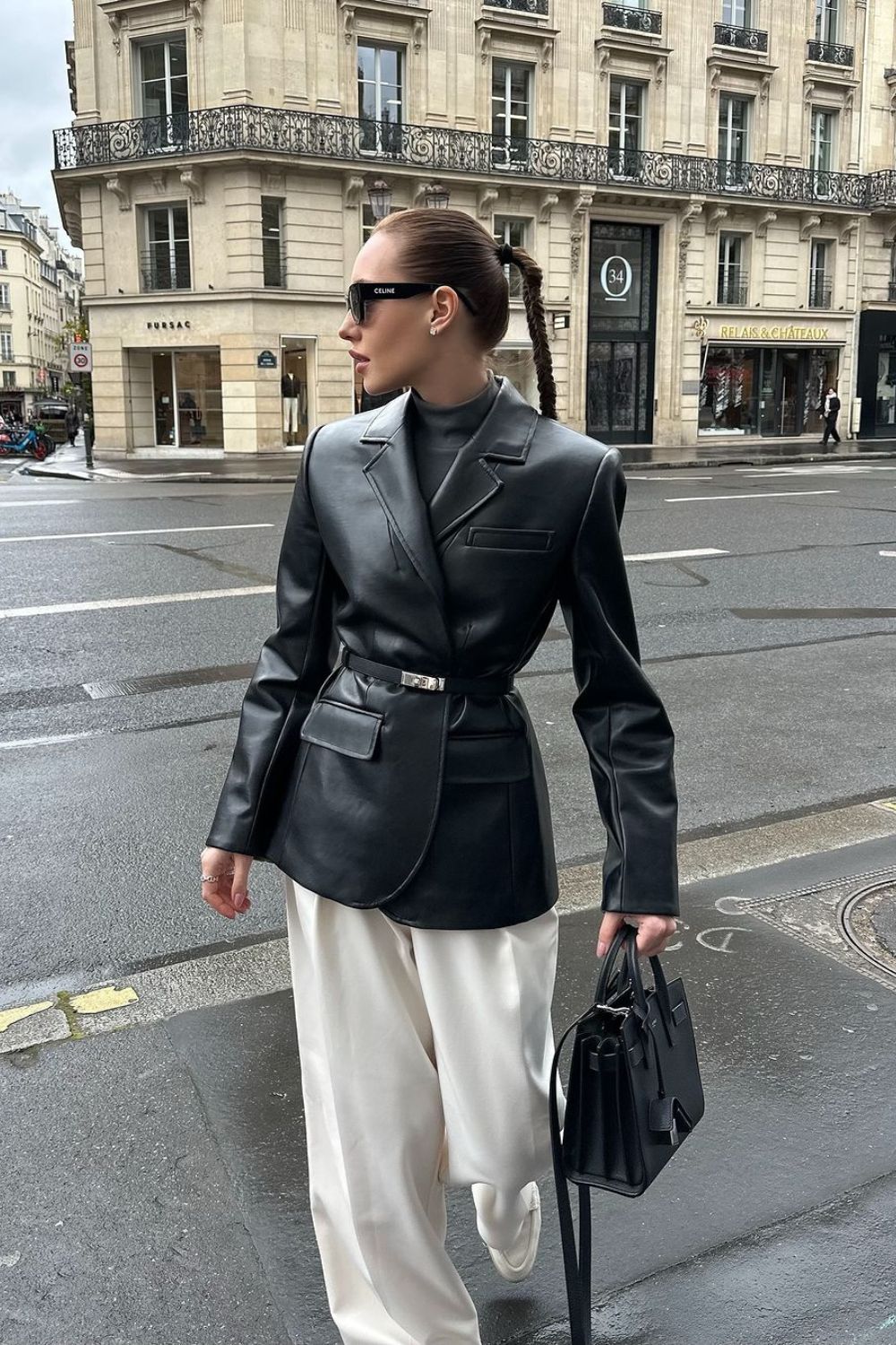 Belted leather blazer in black with white pants