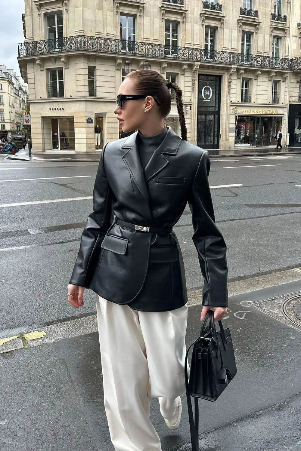 Belted leather blazer in black with white pants