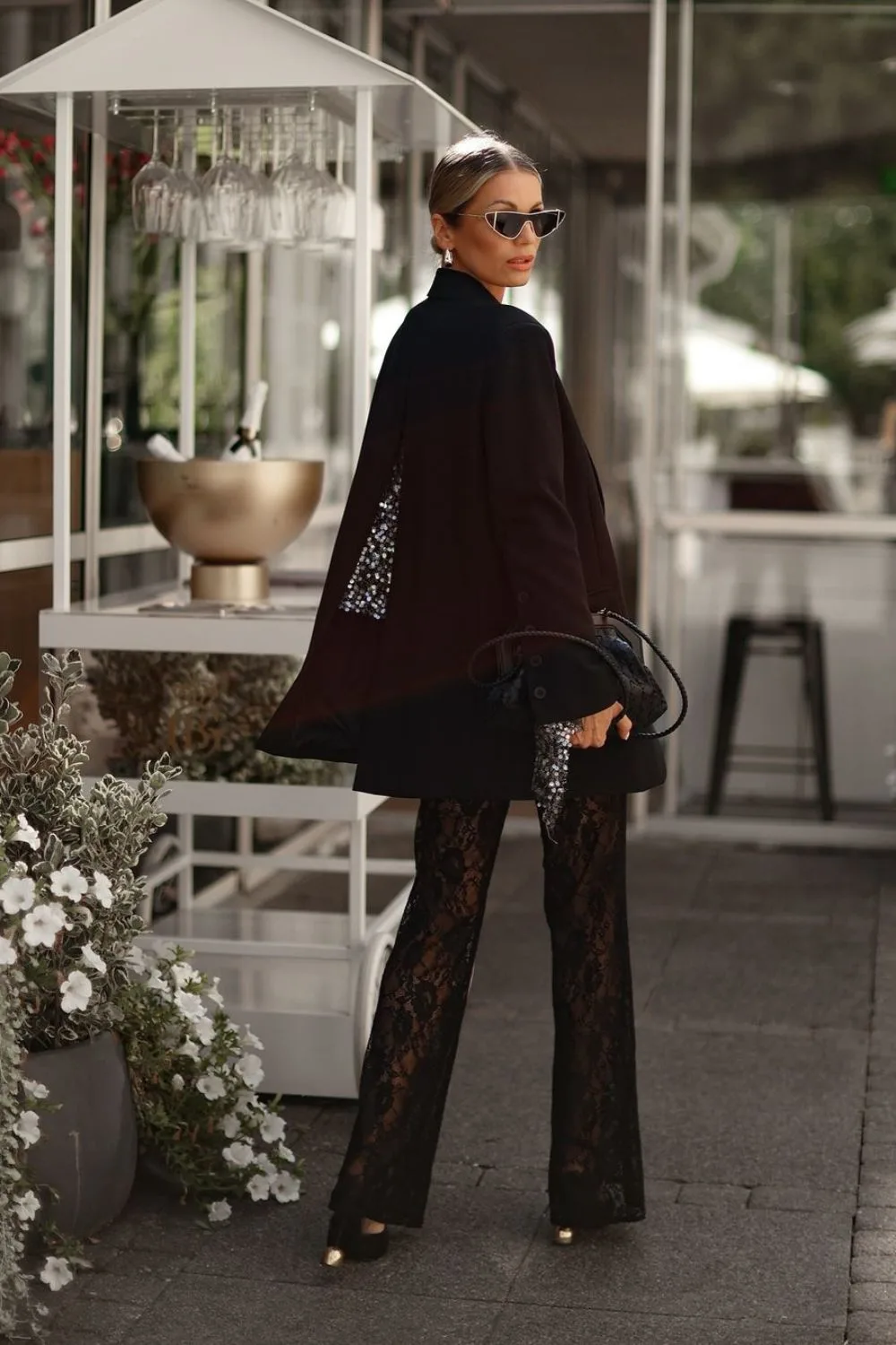 Black Blazer & Lace Pants