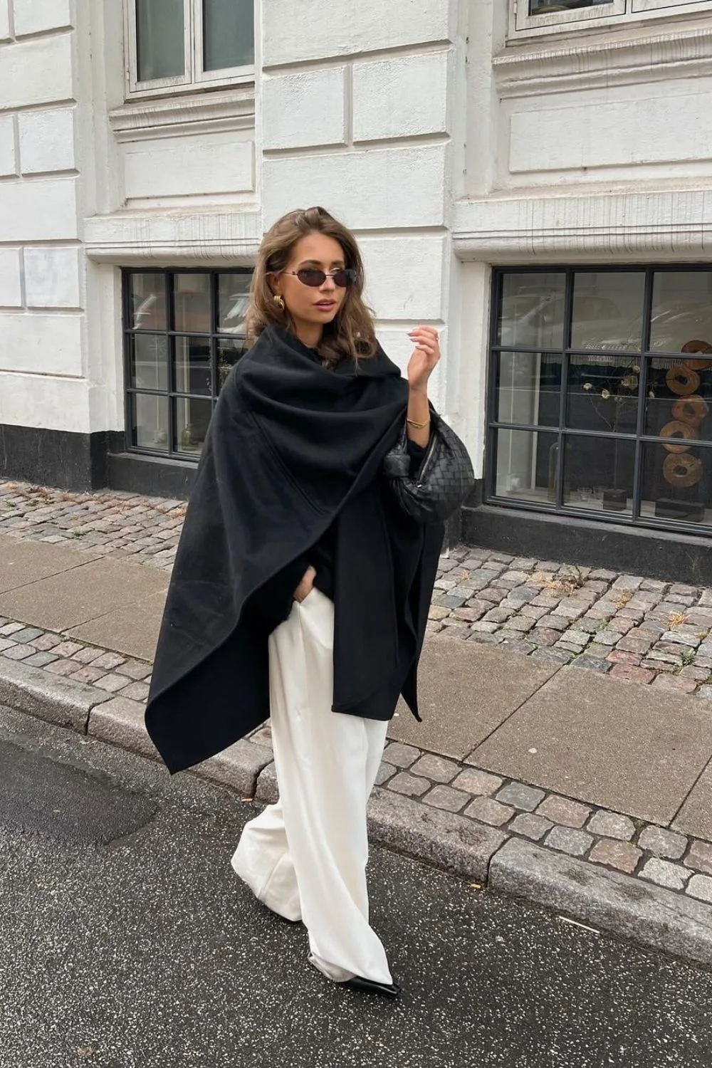 Black Shawl and White wide leg Pants