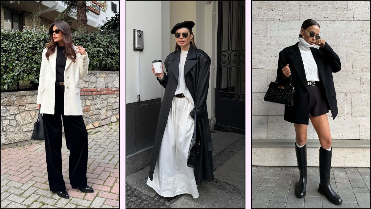 A collage of three black and white fall outfits