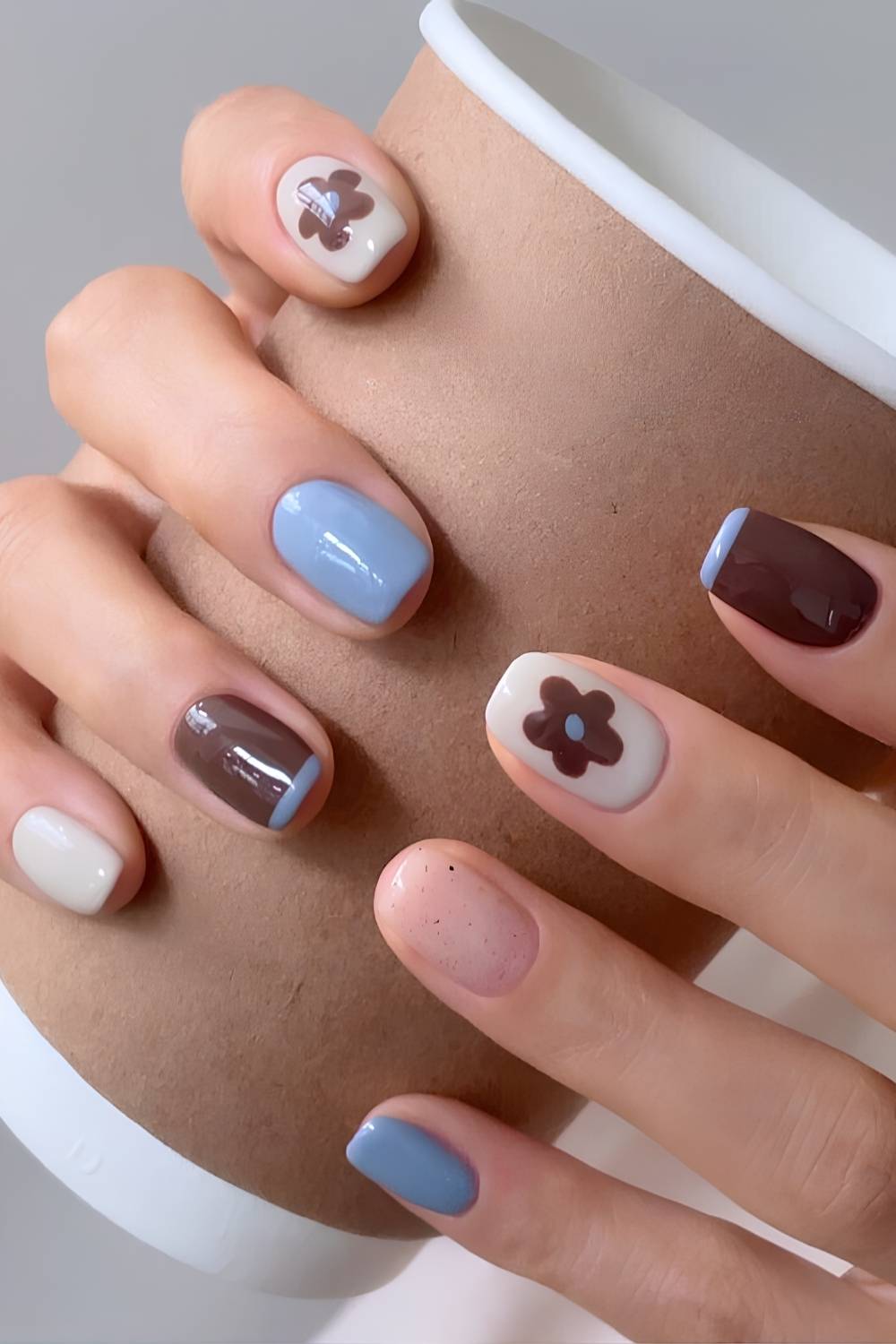 Blue and brown floral nails