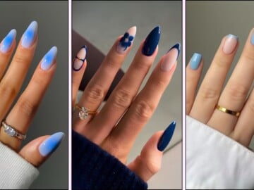 A collage of trendy blue nail designs