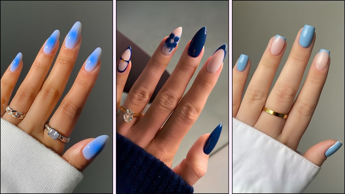 A collage of trendy blue nail designs