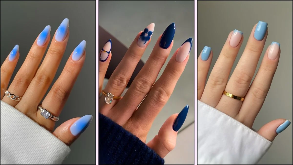 A collage of trendy blue nail designs
