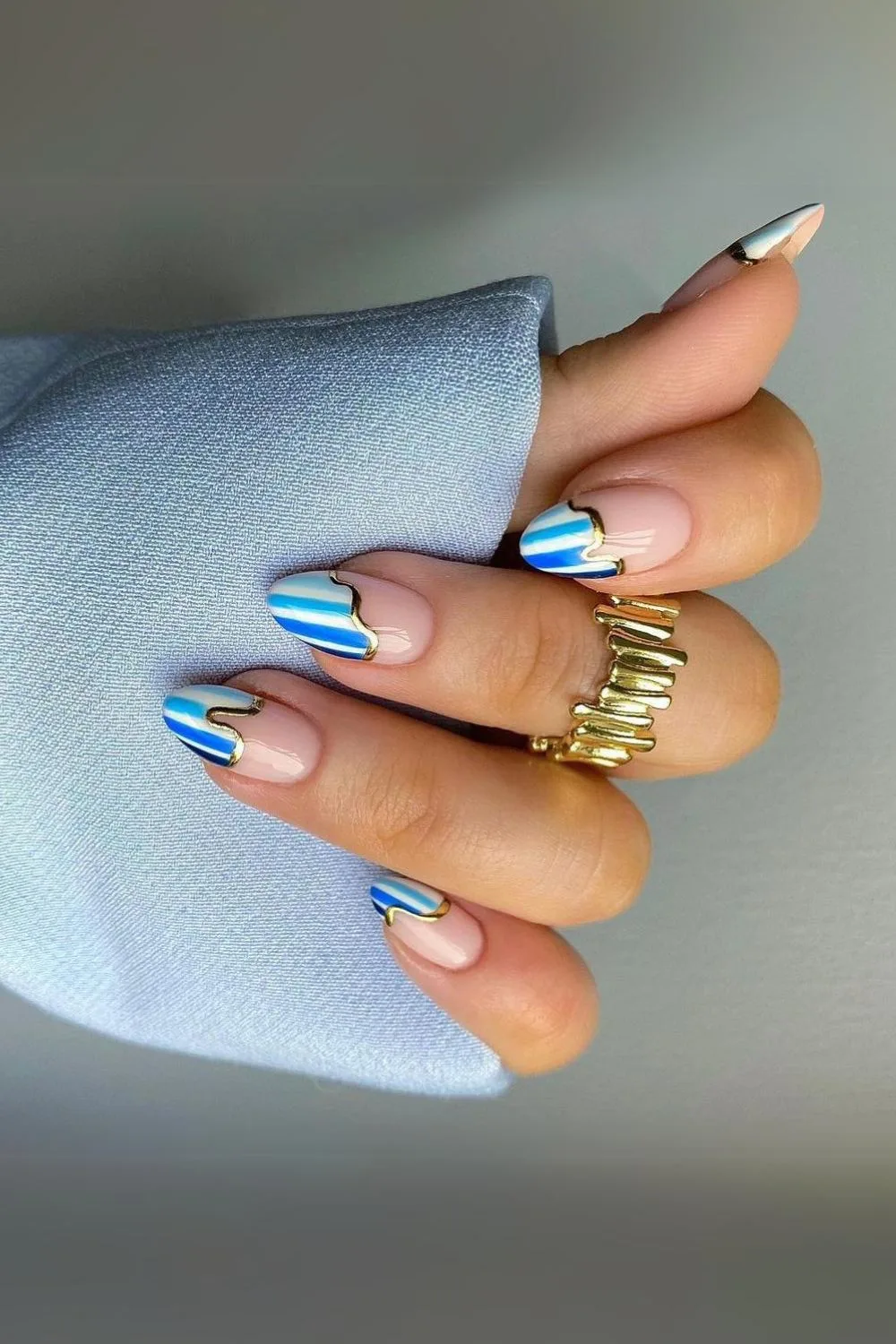 Blue stripe French tips wth gold accents