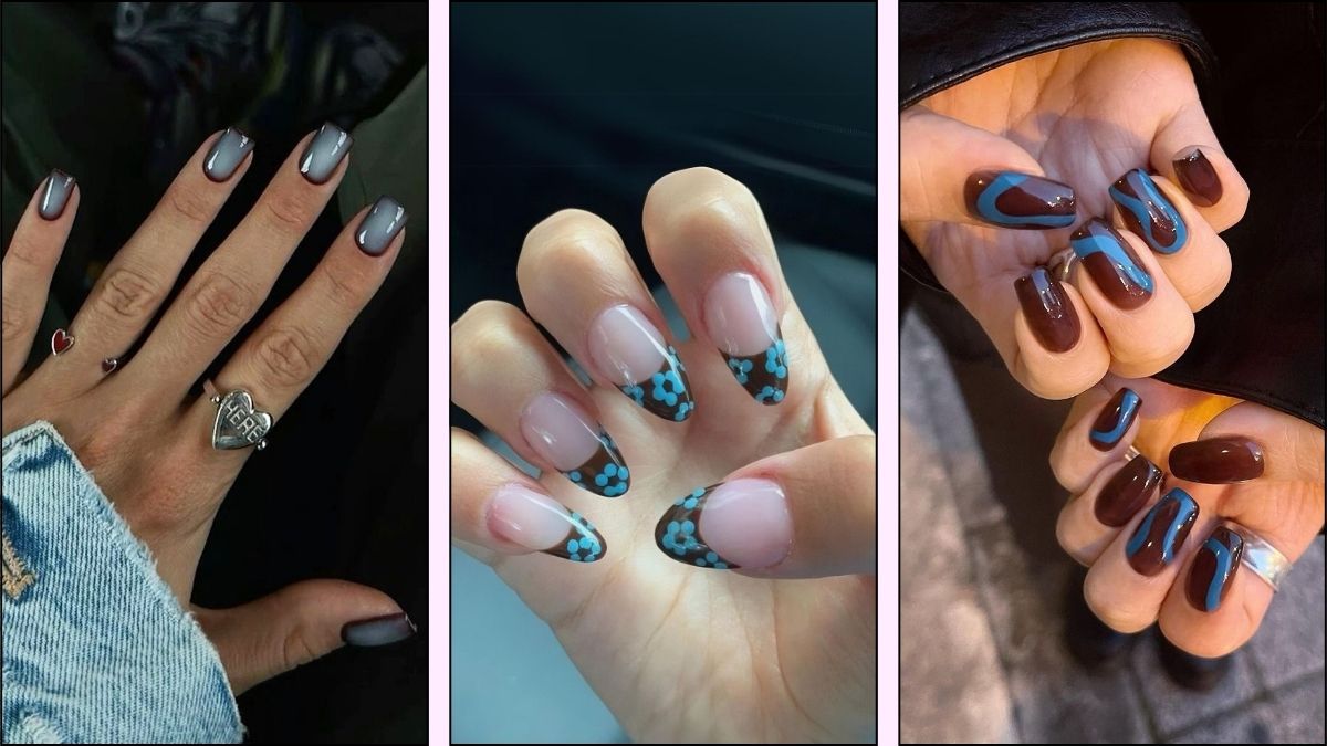 A collage of brown and blue nail designs