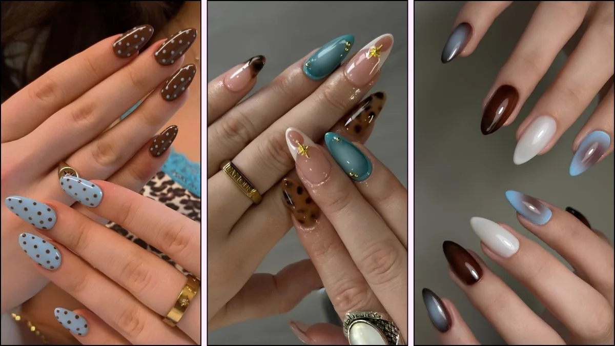 A collage of brown and blue manicures