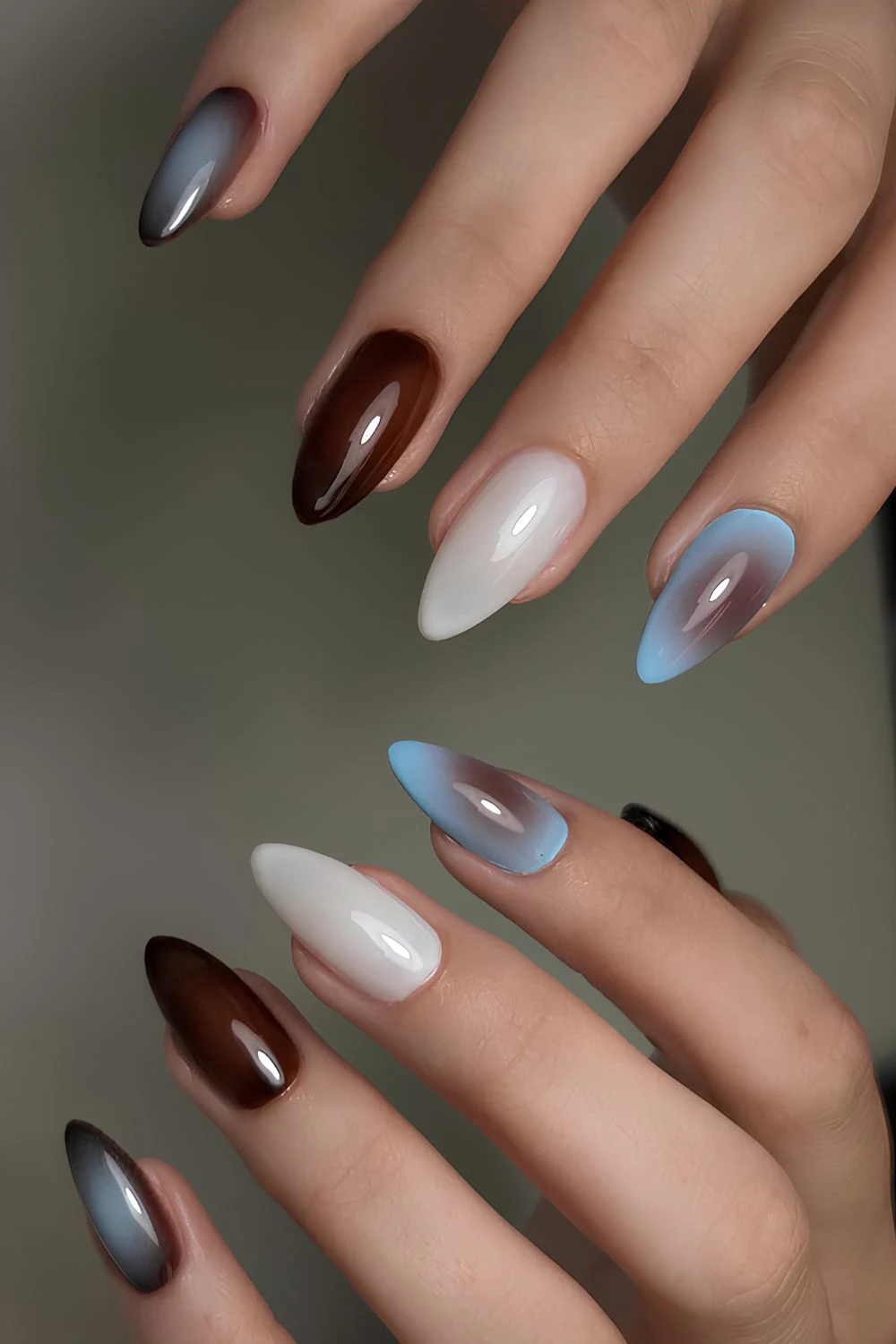 Brown and blue nails with aura accents