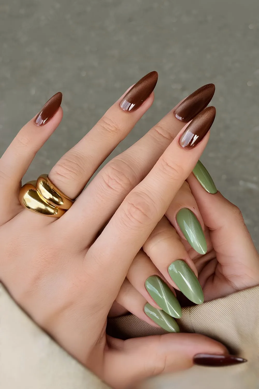 Brown and green cat eye manicure