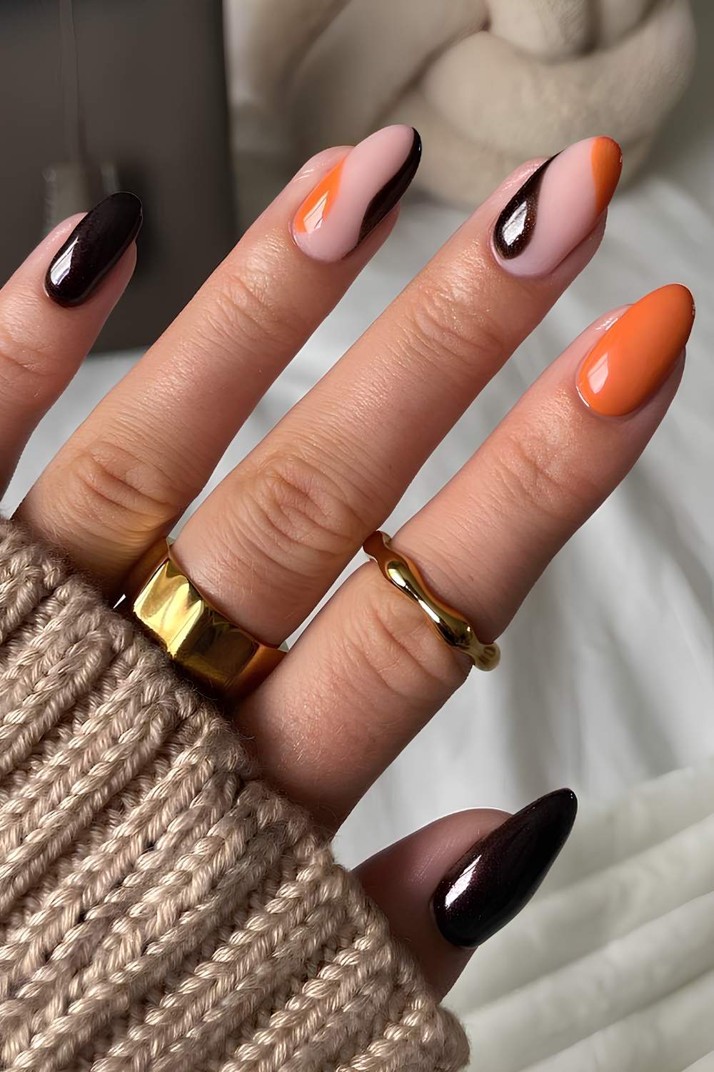 Brown and orange negative space nails