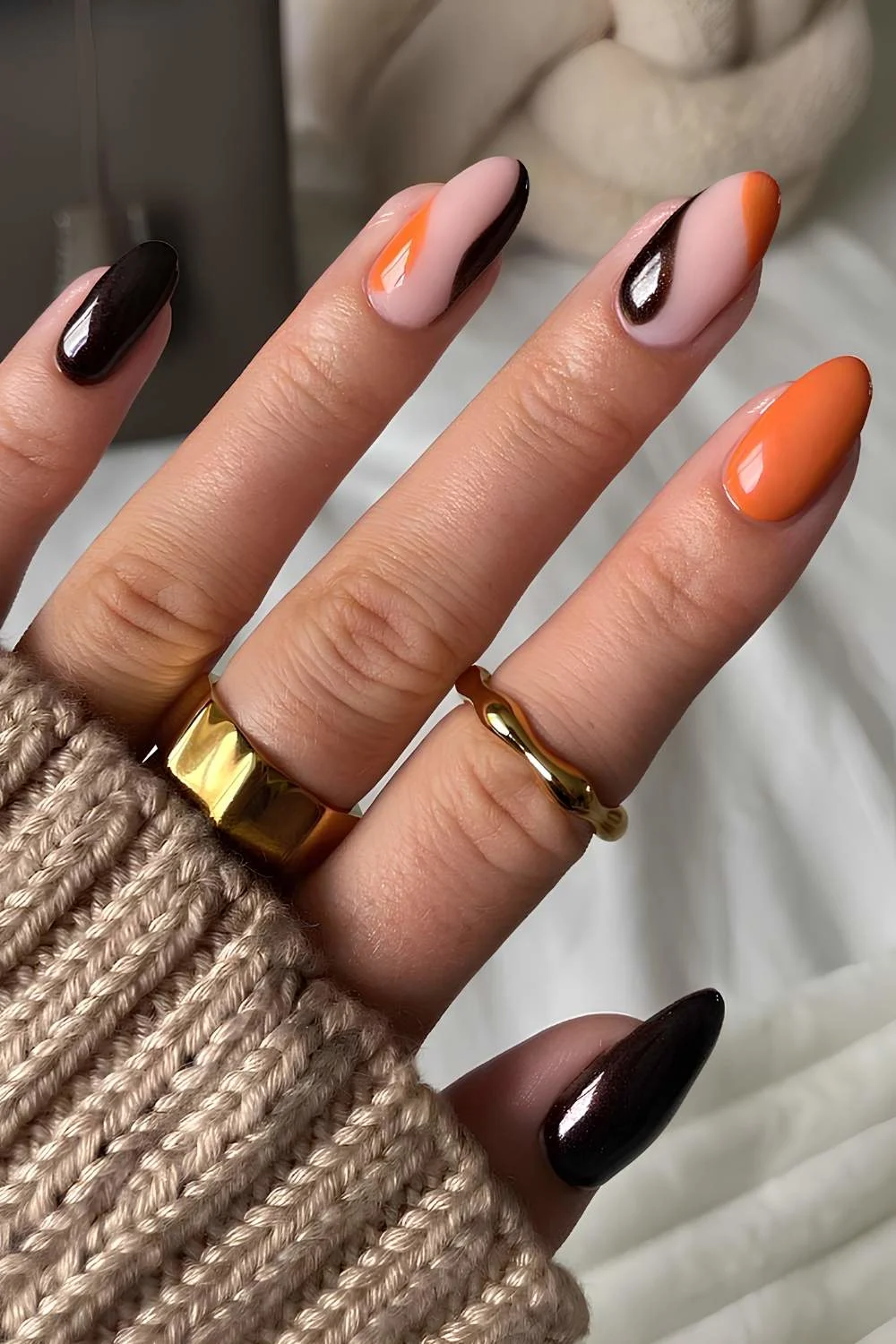 Brown and orange negative space nails
