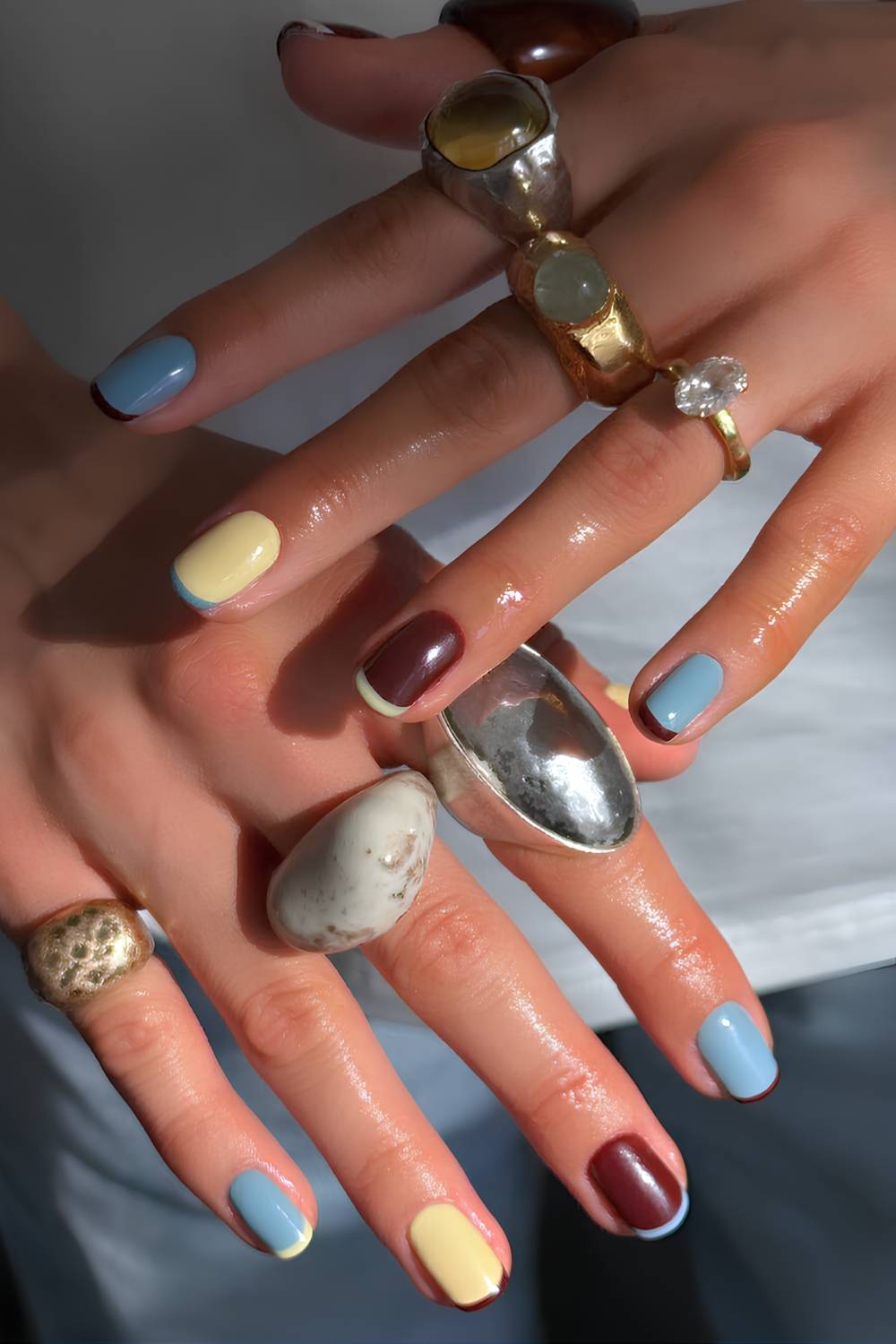 Brown blue and yellow short French mani