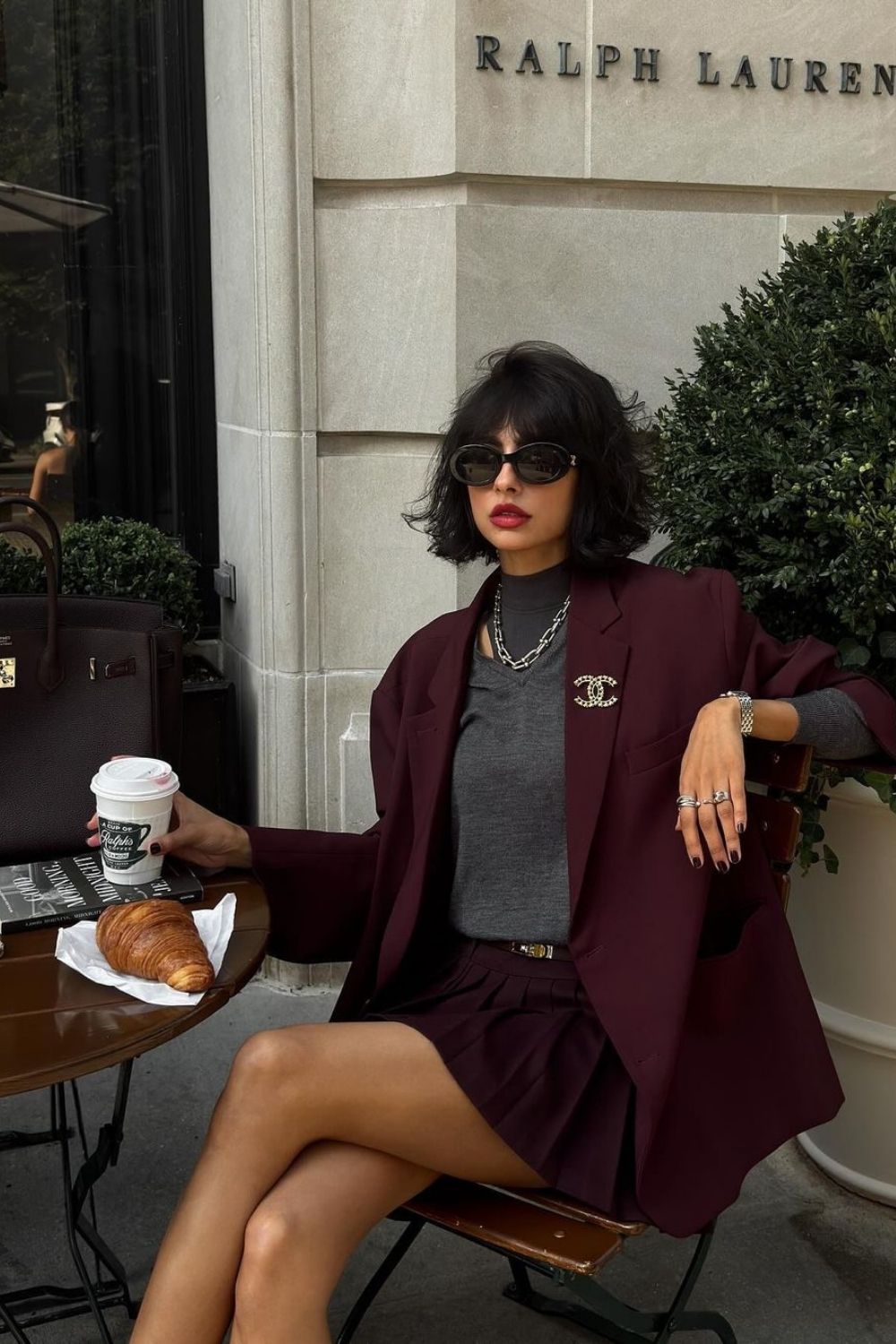 Burgundy Blazer & Pleated Mini Skirt