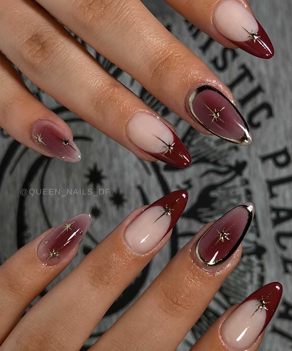 Burgundy French nails with silver celestial art