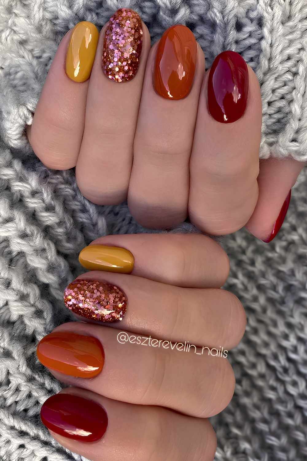Burnt orange and yellow skittle manicure