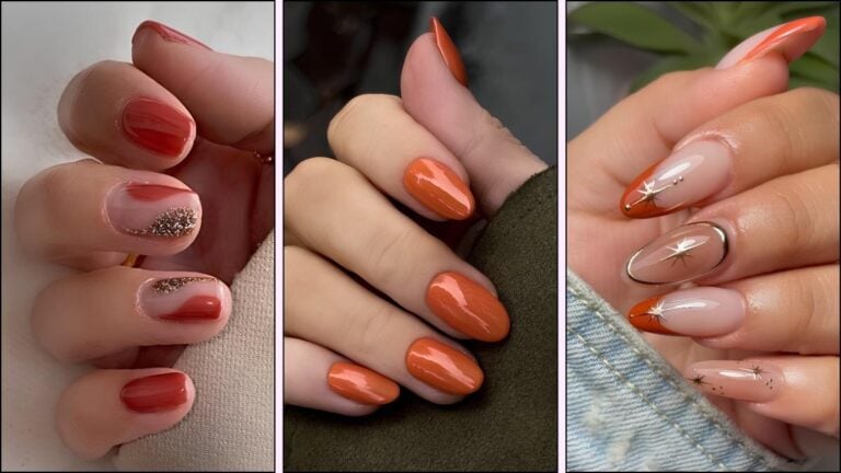A collage of burnt orange nail designs