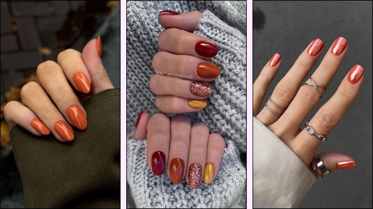 A collage of burnt orange nail designs