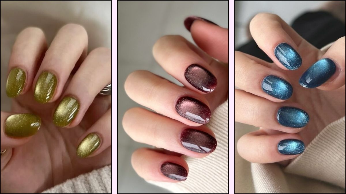 A collage of pretty cat-eye nail designs