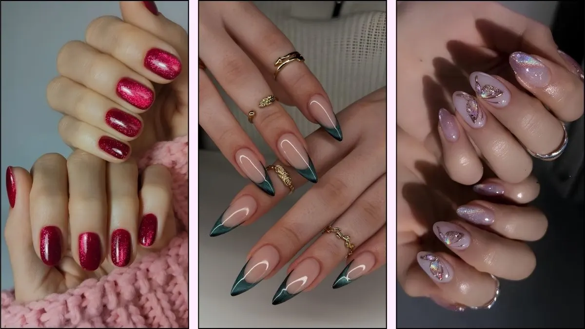 A collage of pretty cat-eye nail designs