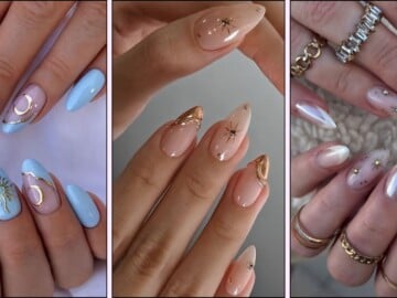 A collage of celestial nail designs