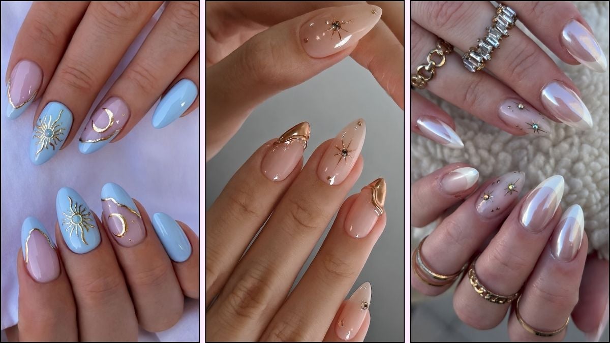 A collage of celestial nail designs