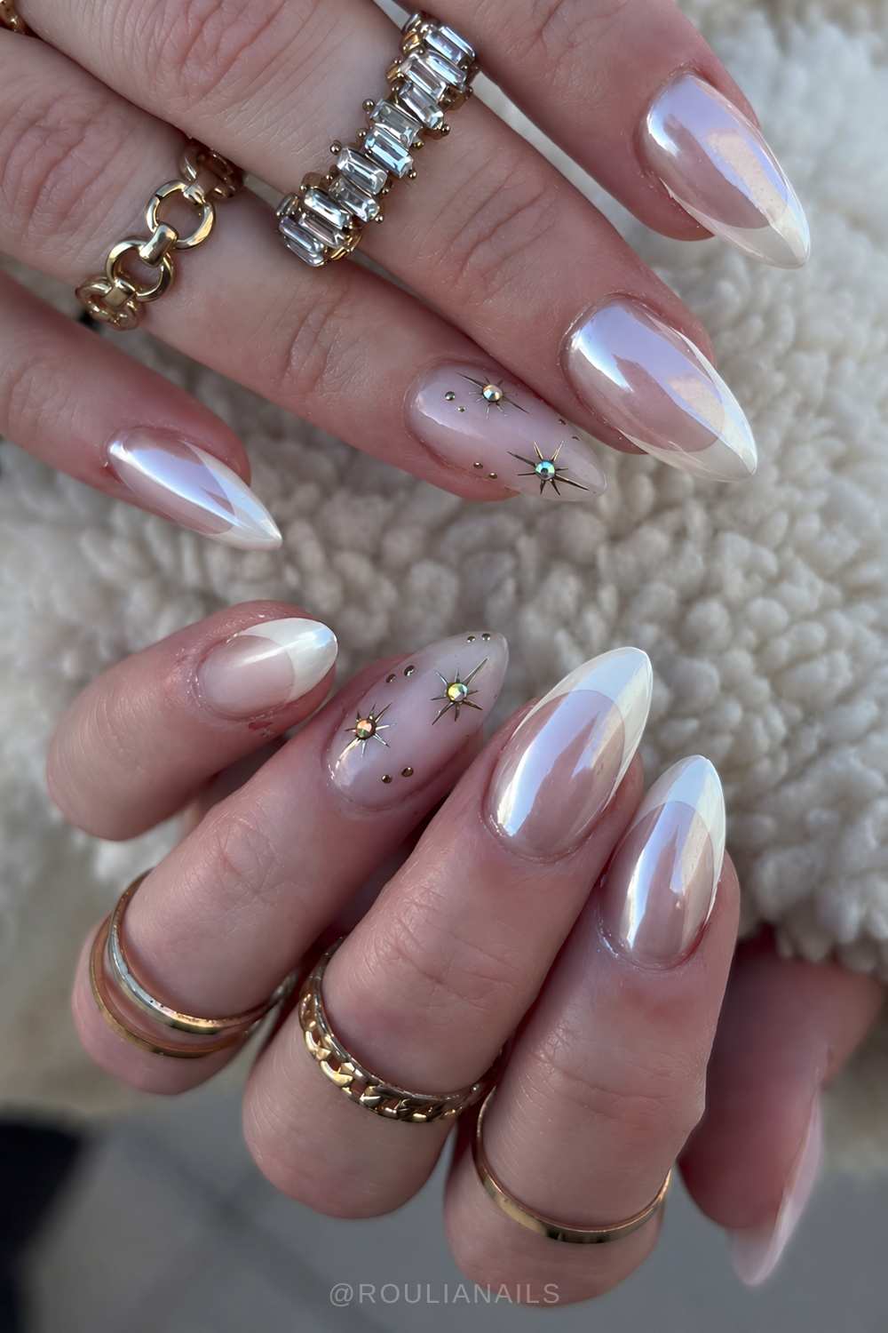 Chromed white French mani with celestial art