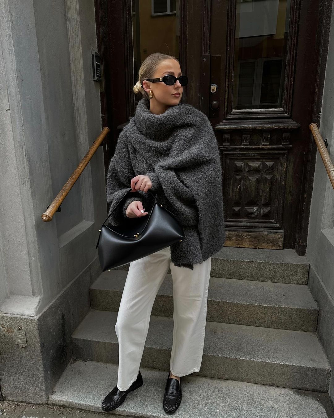 Chunky Gray Sweater and White Pants