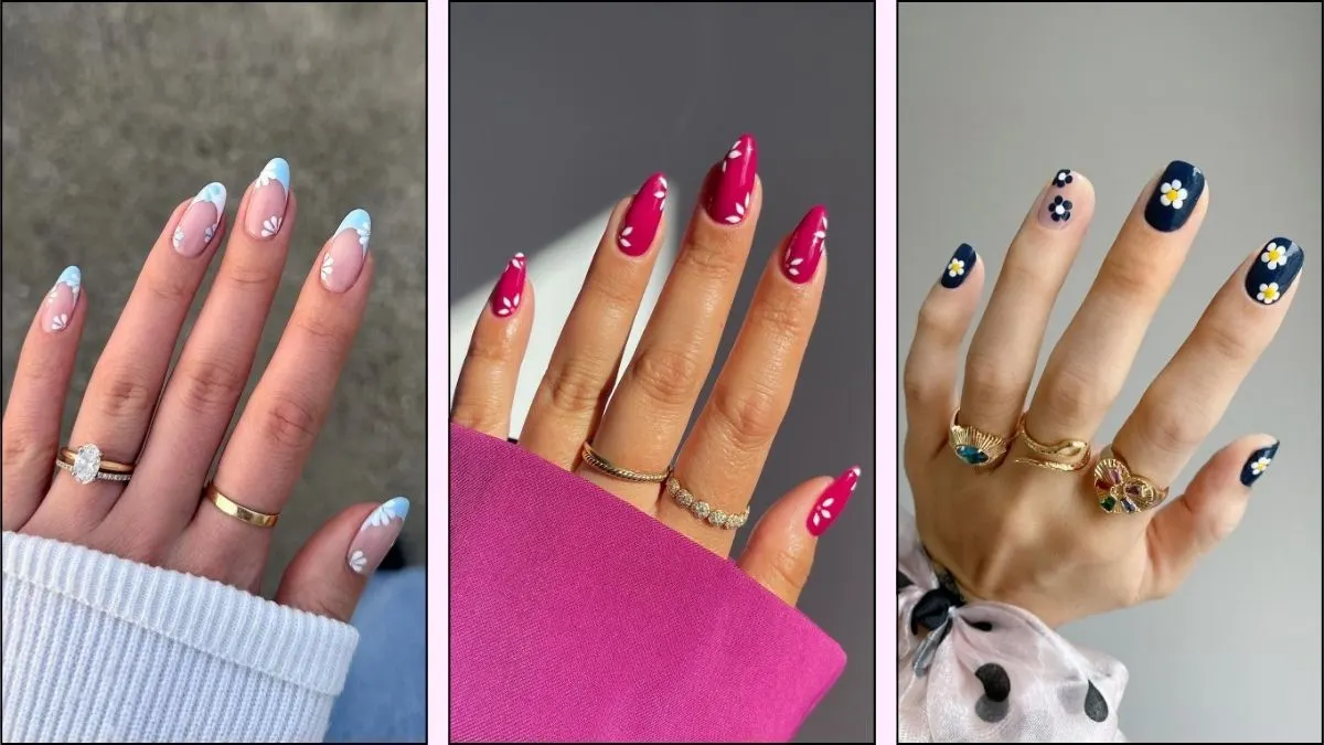 A collage of daisy nail designs