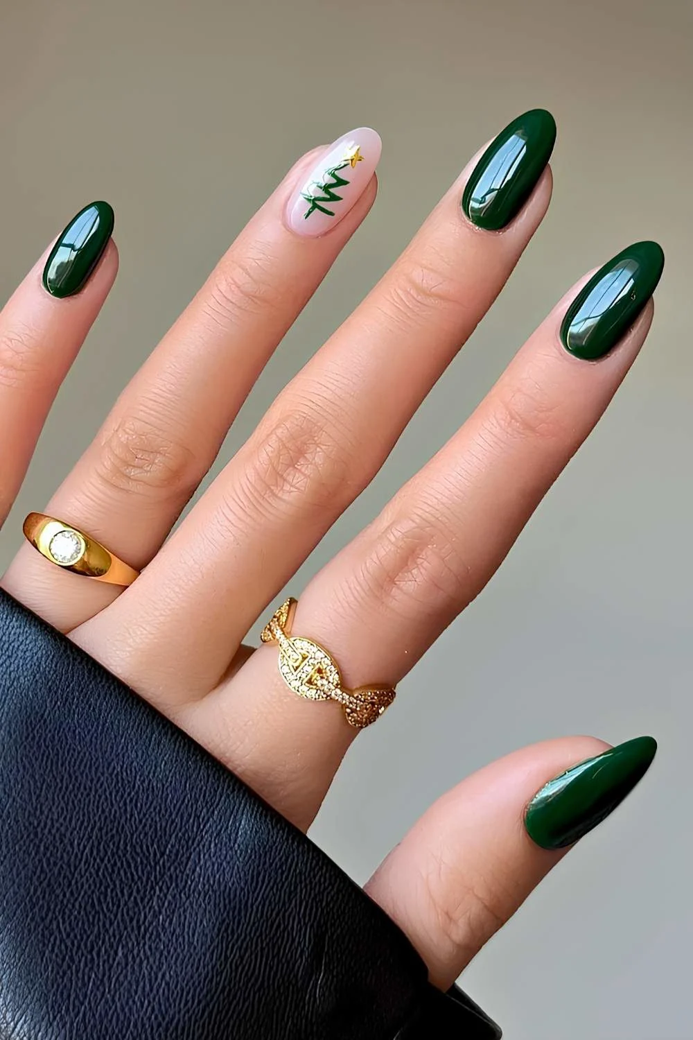 Dark green nails with Christmas tree art
