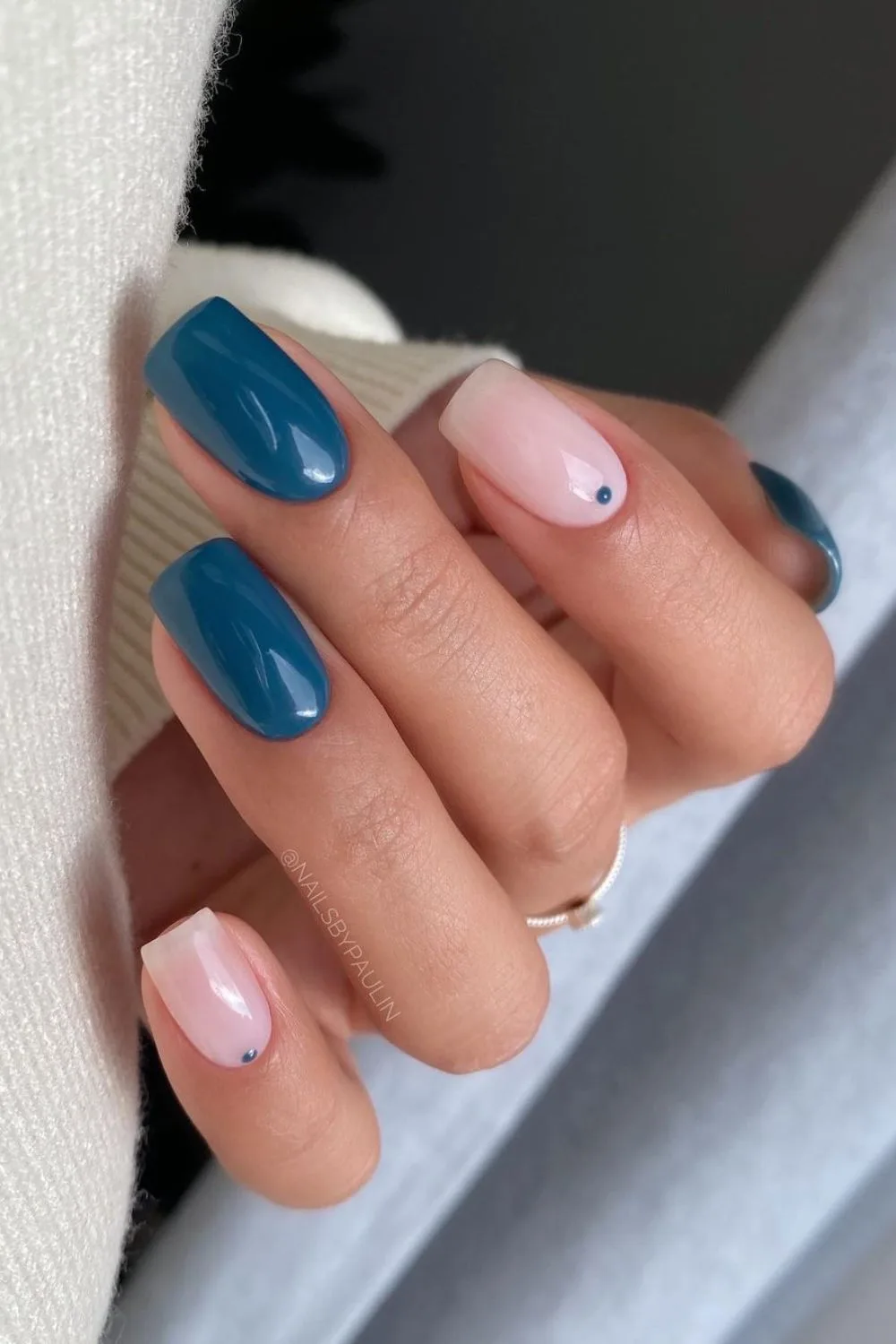 Denim blue nails with dot accents