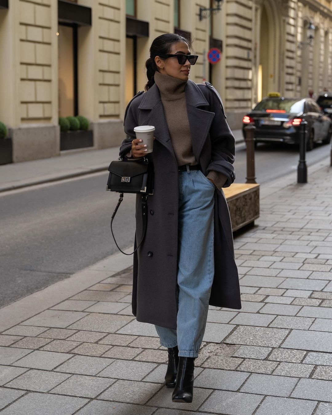 Gray Coat and Light Denim Jeans