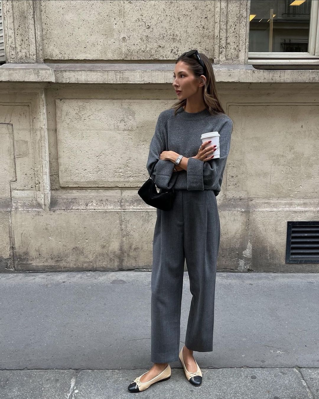 Gray Knit Sweater and High-Waist Pants