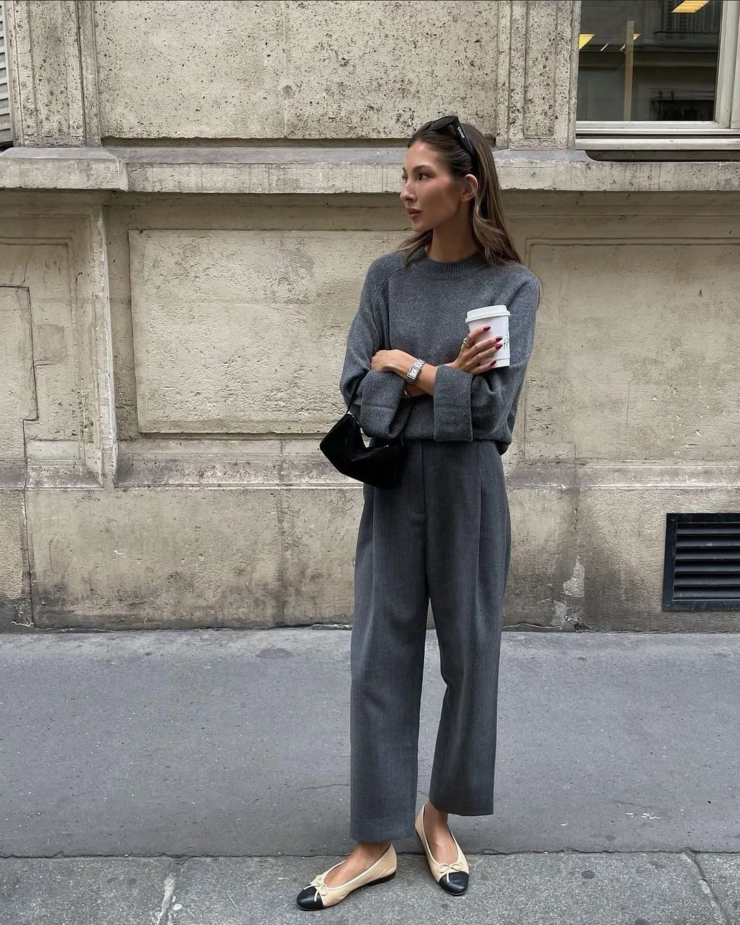 Gray Knit Sweater and High-Waist Pants