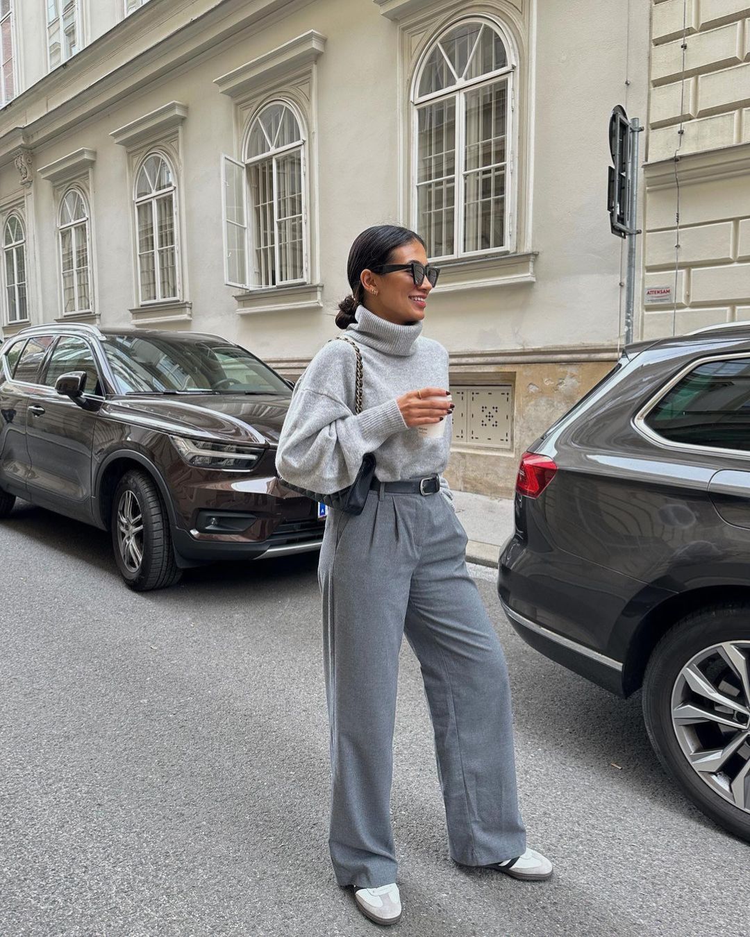 Gray Monochrome Turtleneck and Wide-Leg Pants