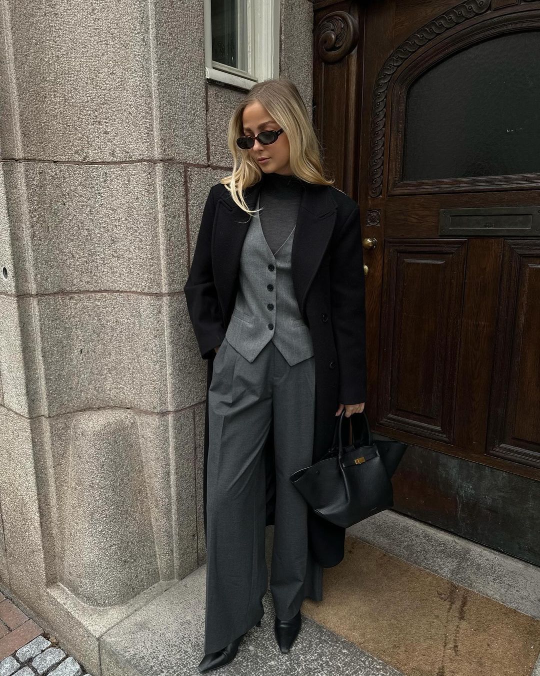 Gray Suit Vest and Wide-Leg Pants