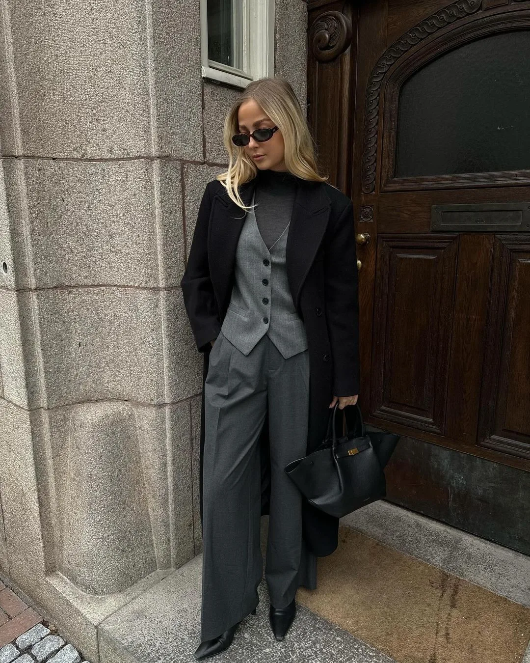 Gray Suit Vest and Wide-Leg Pants