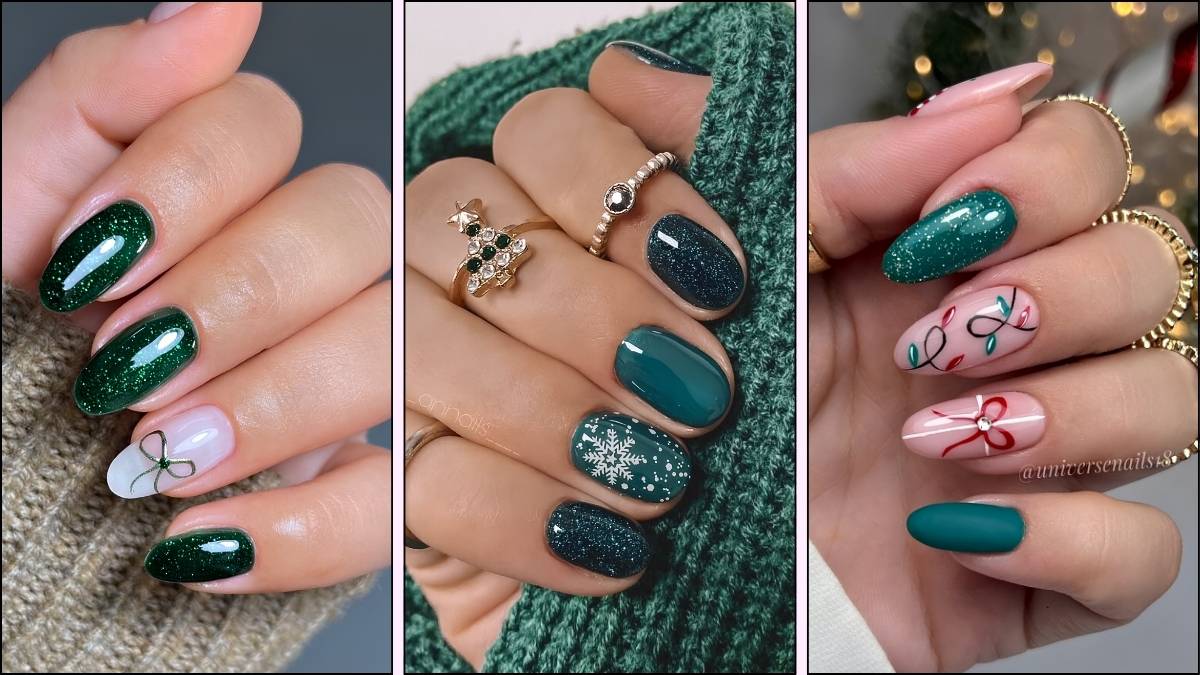 A collage of green nail designs for Christmas