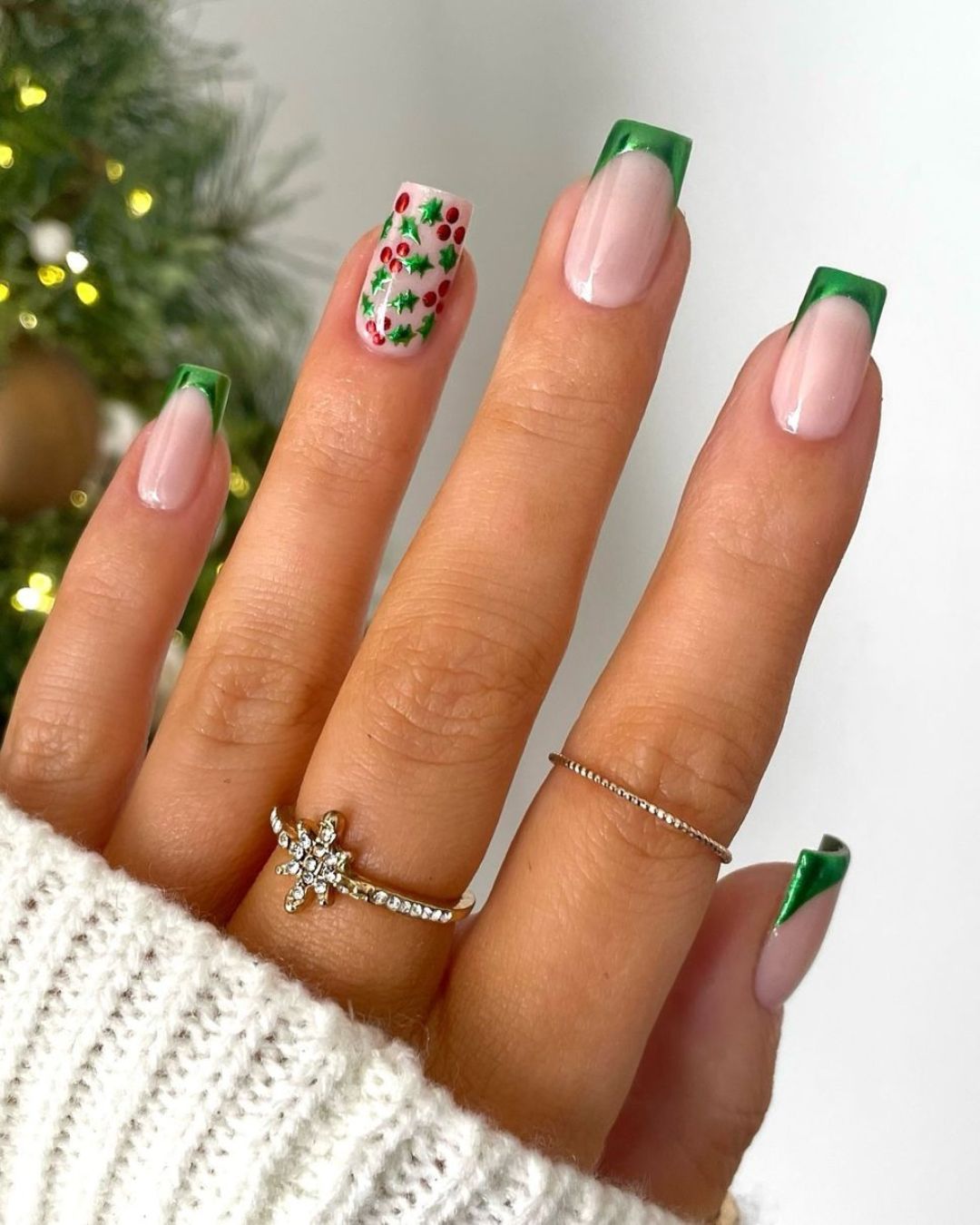 Green Chrome French mani with holly berries accent nail