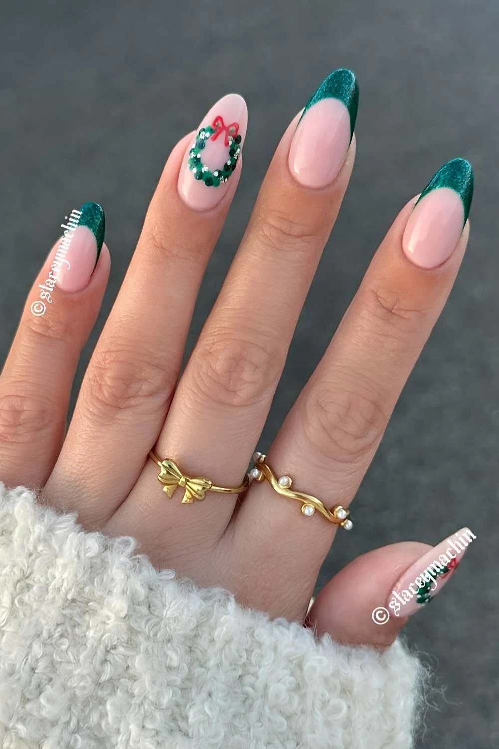 Green French mani with Christmas wreath art