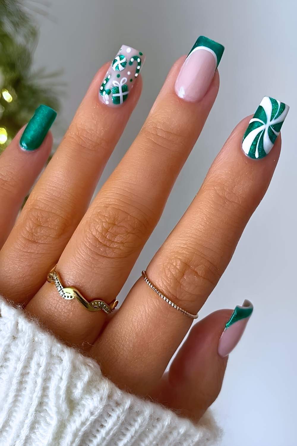 Green and white holiday mix and match nails