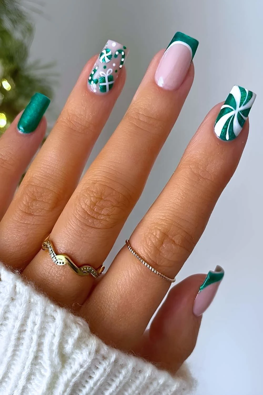Green and white holiday mix and match nails