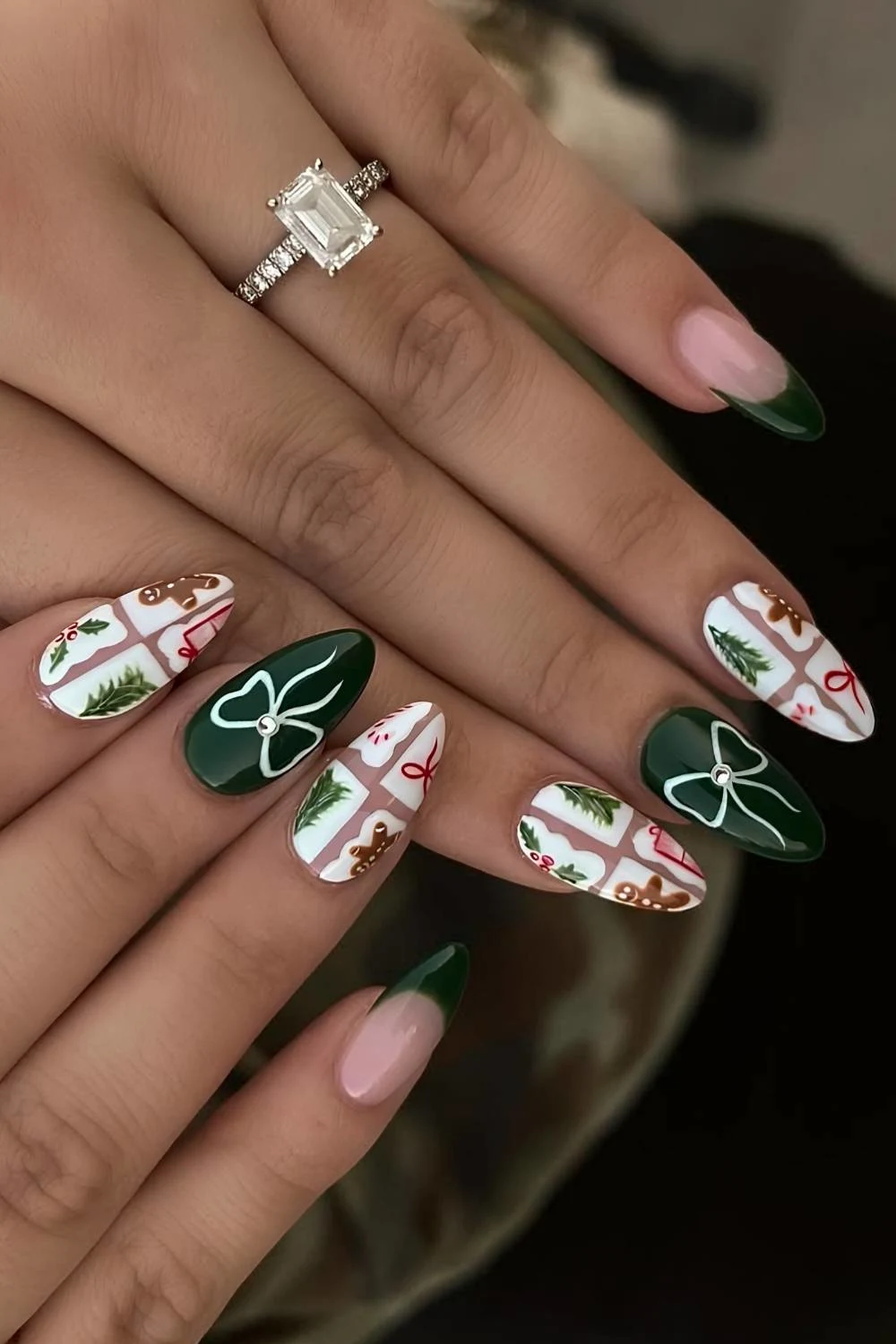 Green and white nails with Christmas stamp art
