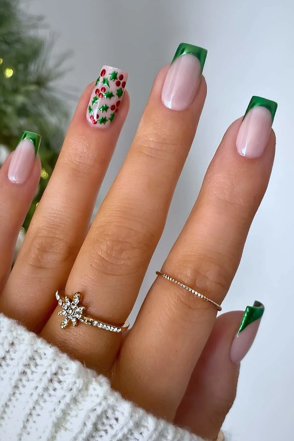 Green chrome French mani with holly berry art