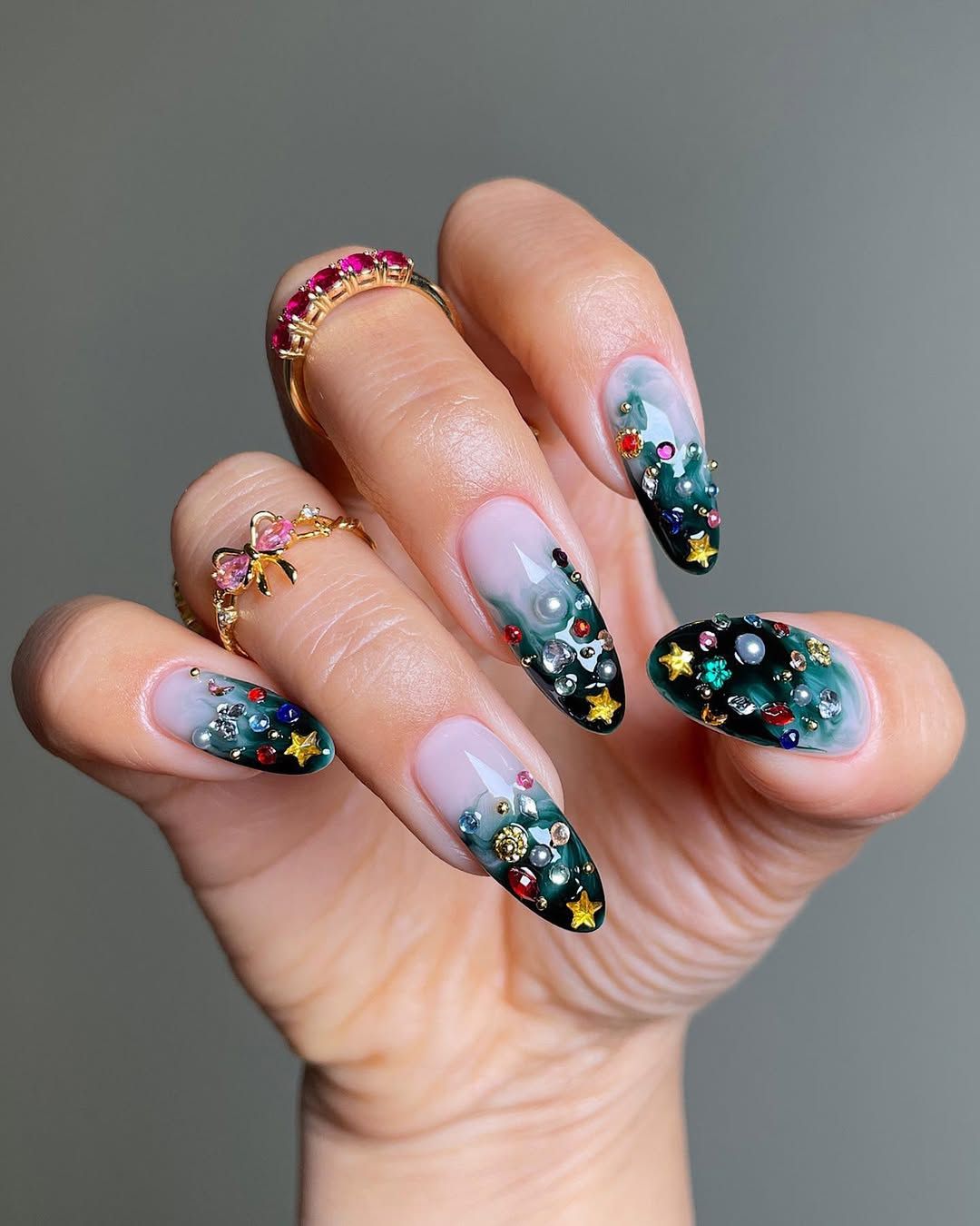 Green ombre nails with festive rhinestones