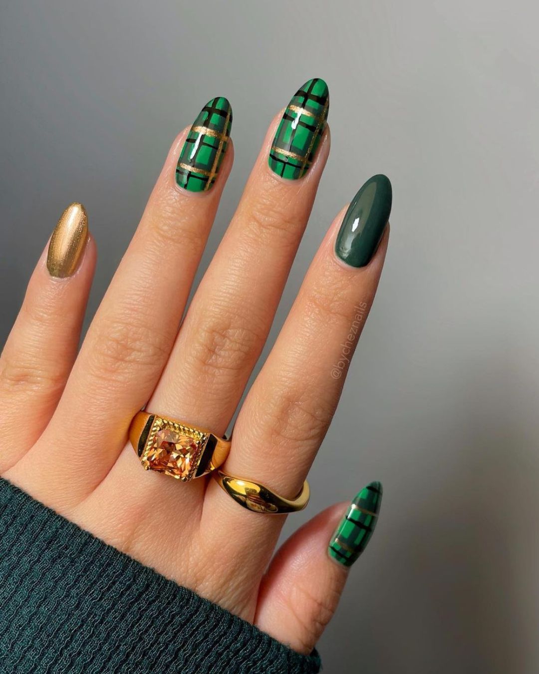 Green plaid nails with gold accents